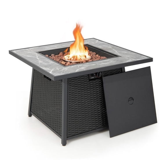 35 Inch Propane Fire Pit Table, Wicker Rattan Outdoor Fireplace with Lava Rocks & PVC Cover, 50000 BTU Steel Patio Heater for Garden, Backyard, Deck