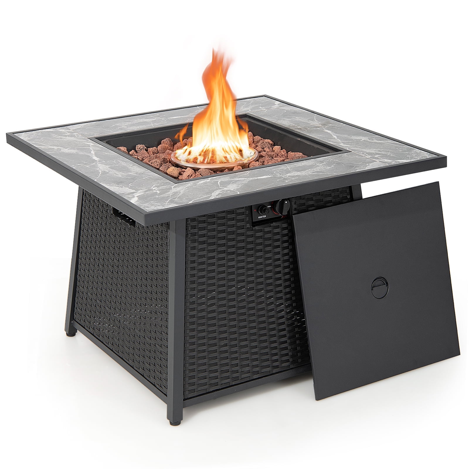 35" Black Marble and Rattan Gas Fire Pit Table