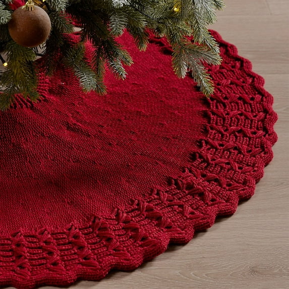 35 Inch Red Knitted Christmas Tree Skirt – Soft Cable Knit Tree Collar for Small Pencil Trees Living Room Holiday Decor with Ties Non Slip Reusable