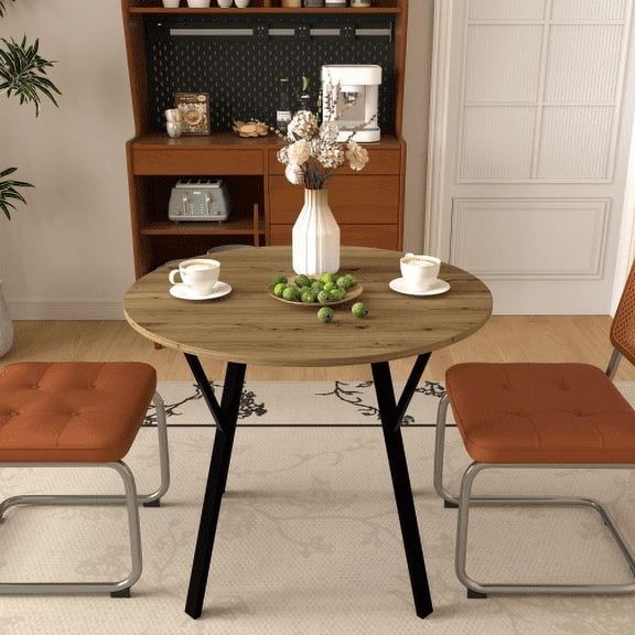 35 Inch Round Dining Table, Small Space Kitchen Table for 2-4 People, Modern Industrial Circle Table with Black Metal Legs & Brown MDF Top, Compact Dining Room Table