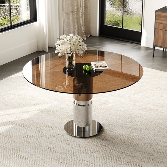 35-Inch Round Glass Dining Table, Tempered Glass Tabletop, Stainless Steel Legs, Suitable for 2-4 People, Dark Brown Small Round Dining Table, for Restaurants and Apartments