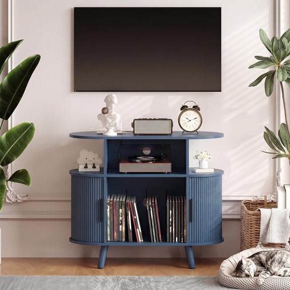 35 Inch Round Record Player Stand, Fluted Mid Century Modern Turntable Cabinet with Charging Station, Open Shelf & Vinyl Storage, Media Console for Living Room Bedroom Music Room,Blue
