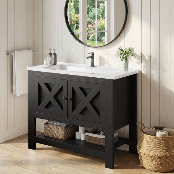 4 EVER WINNER 36" Black Bathroom Vanity with Sink, Farmhouse Storage Cabinet with X-shaped Barn Door, Ceramic Vanity Top & Open Shelf, Modern Vanity for Bathroom Laundry Room