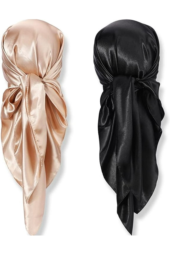35 Inch Silk Head Scarf 2 Pcs Large Square Neck Scarf Sleeping Hair Wrapping Satin Scarf for Women