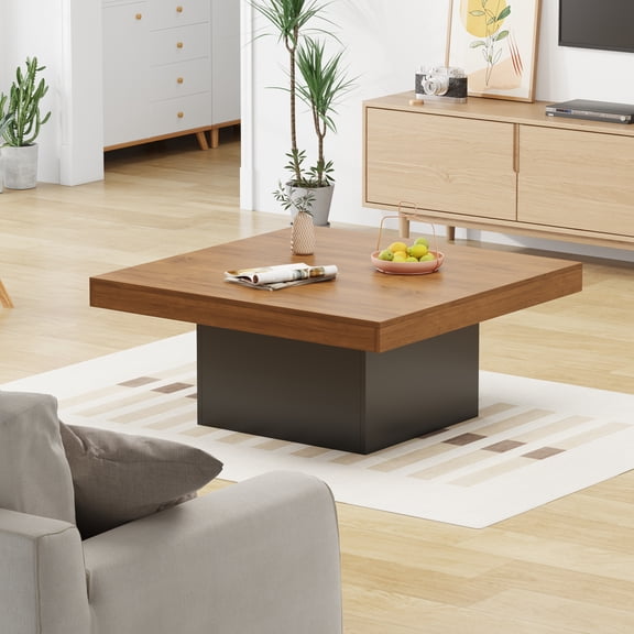 35 Inch Square Coffee Table, Farmhouse Wood Small Living Room Table with Leg Lights for Parlor, Home Office, Apartment, Reading Room