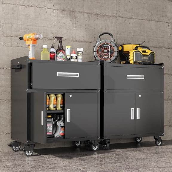35-Inch Tall Black Lockable Rolling Tool Cabinet with 1 Drawer, 2 Doors, and Adjustable Shelf, Heavy Duty Garage Tool Chest