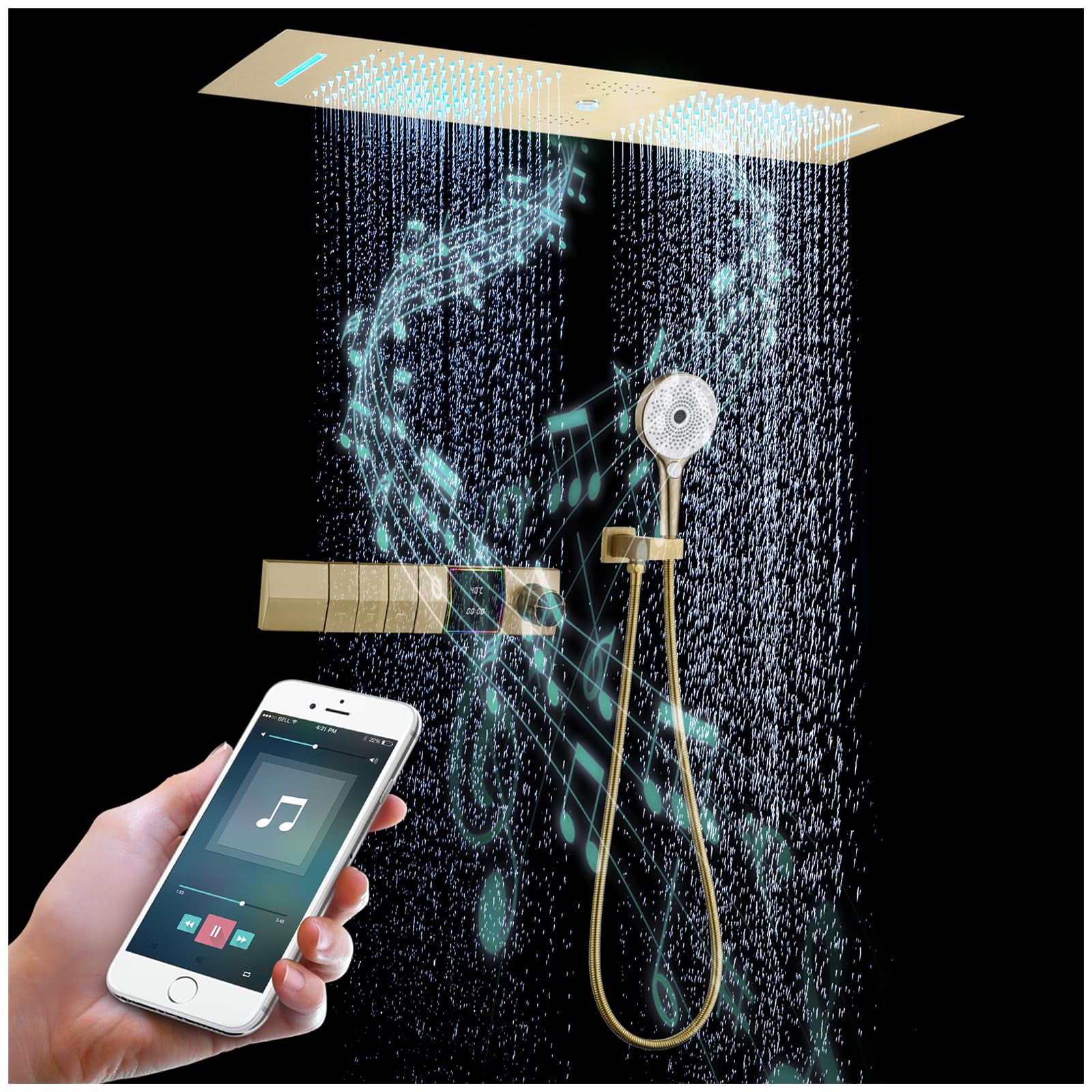 35 Inch Thermostat Shower System, 64 Color LED Bluetooth Music Embedded Shower Set, 304 Stainless steel Shower head, (Rain, Waterfall, Water Column) 3 Function Hand Shower, Brushed Gold