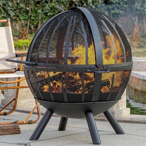 35 Inch Wood Burning Fire Pit Ball With BBQ Grill, Heavy Duty Steel Outdoor Firepit Station With Spark Screen Mesh Lid And Removable Ash Pan For Garden Yard Bonfire Party, Black