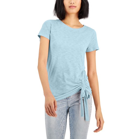 $35 International Concepts Petite Side-Ruched T-Shirt Blue Size Petite Medium