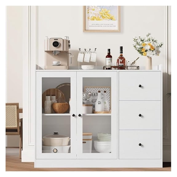 35 in Kitchen Hutch Storage Cabinet, Coffee Bar Cabinet with 3 Drawers, Freestanding Food Pantry with Countertop for Living Dining Room (White, Low Cabinet)