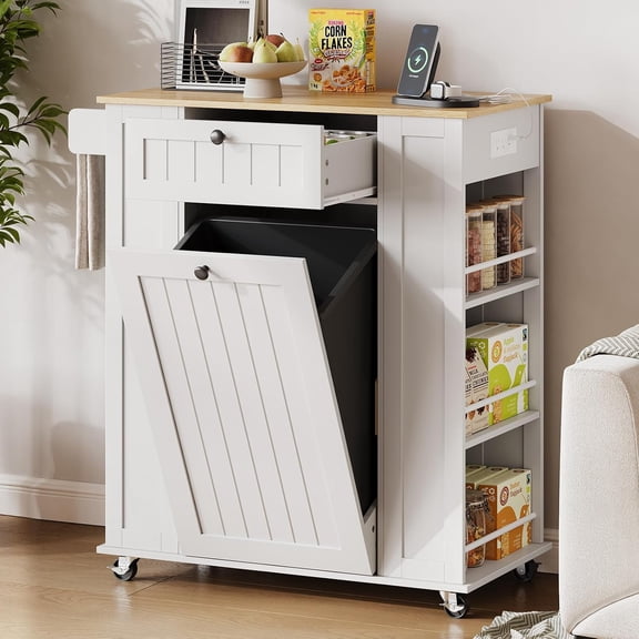35" Kitchen Island with Trash Cabinet, Portable Rolling Cart with Power Outlet, Storage Drawer, 6-Tier Spice Rack, 4 Locking Casters for Kitchen Dining Living Room, White