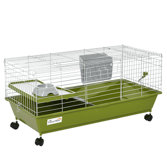 35"L Small Animal Cage, Rolling Bunny Cage, Guinea Pig Cage with Food Dish, Water Bottle, Hay Feeder, Platform, Ramp for Chinchilla, Green