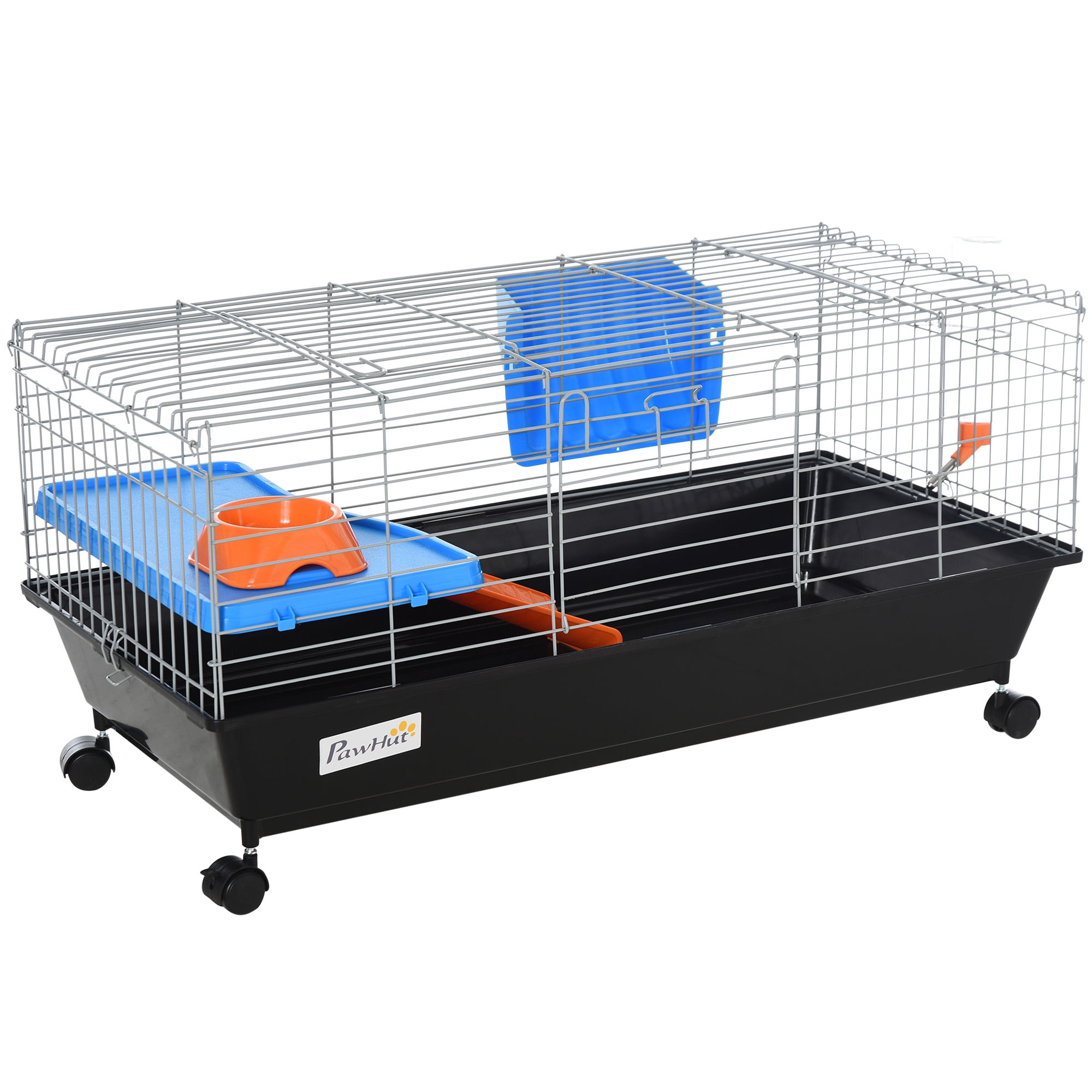 35"L Small Animal Cage, Rolling Bunny Cage, Guinea Pig Cage with Food Dish, Water Bottle, Hay Feeder, Platform, Ramp for Ferret Chinchilla, Black