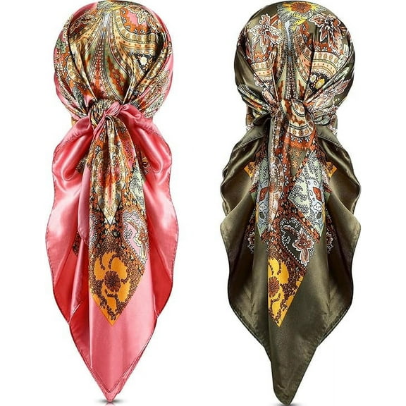 35” Large Satin Square Head Scarf - 2Pcs Silk Like Floral Head Scarves Square Satin Hair Scarf Bandanas for Women