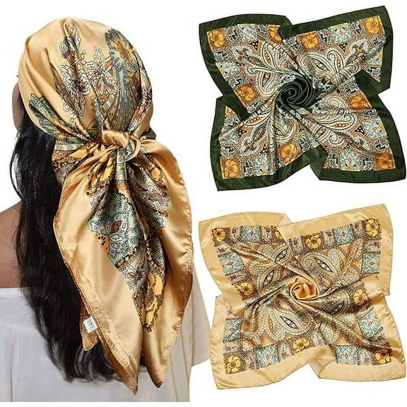 35” Large Satin Square Head Scarf - 2Pcs Silk Like Floral Head Scarves Square Satin Hair Scarf Bandanas for Women
