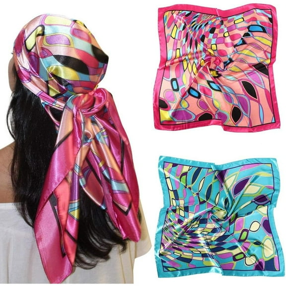 35” Large Satin Square Head Scarf - 2pcs Silk Like Floral Head Scarves Square Satin Hair Scarf Bandanas for Women