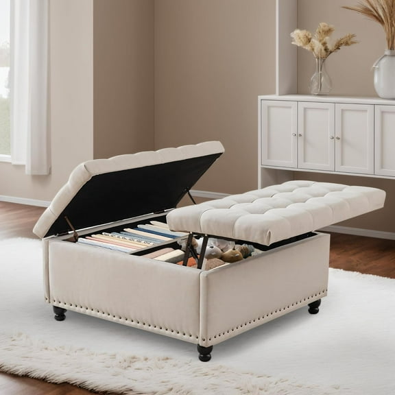 35" Large Square Storage Ottoman, Oversized Square Ottoman with Storage, Tufted Upholstered Coffee Table with Lift Top for Living Room (Beige)