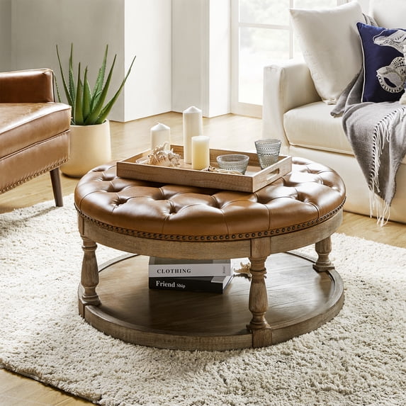 35" Leather Round Cocktail Ottoman Storage Coffee Table for Bedroom Home Living Room Camel