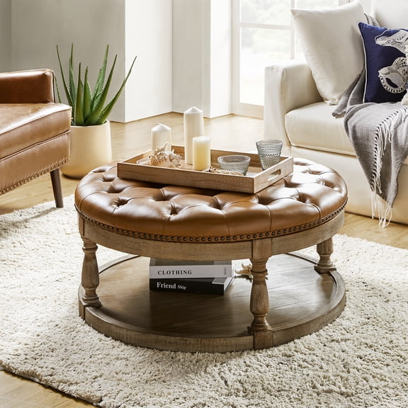 35" Leather Round Cocktail Ottoman Storage Coffee Table for Bedroom Home Living Room Camel