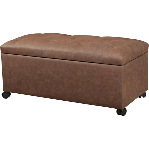 35" Leather Storage Ottoman with Wheels for Living Room, Rectangular Tufted Storage Bench for End of Bed, Light Chocolate Brown