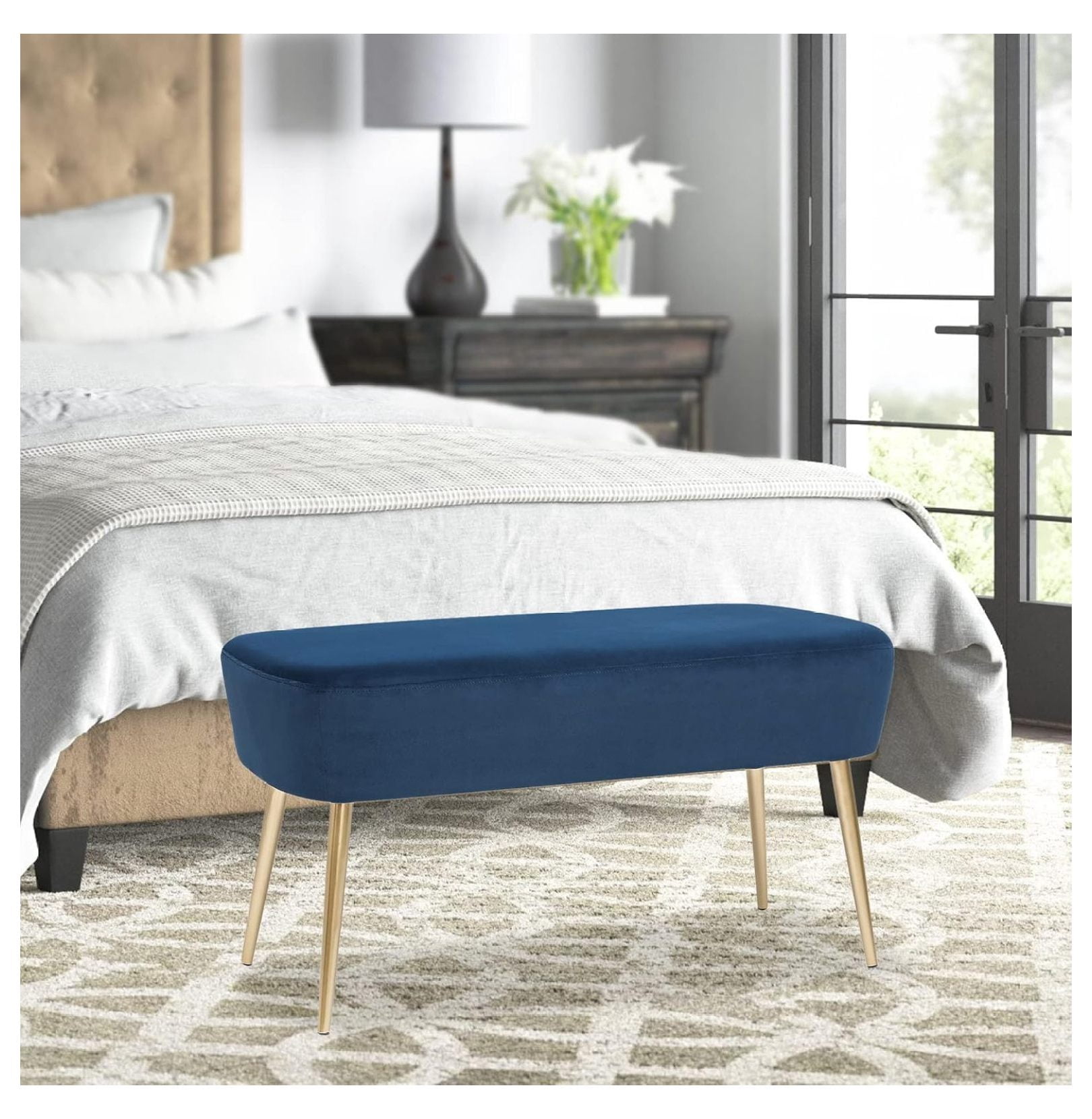 35" Length Velvet Bedroom Bench, End Bed Ottoman Bench with Golden ...
