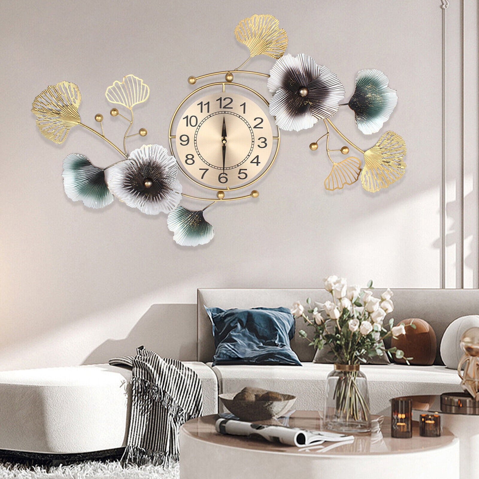 35" Luxury Atmosphere Ginkgo Leaf WallClock Mute Large Wall Clock Numeral Office Modern Ginkgo