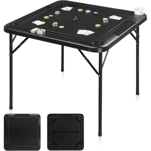 35" Mahjong Table, Domino Folding Square Tables Set Suitable for Indoor Outdoor Game, Card Poker & Puzzle with 4 Cup Holder and Chip Trays, Adults, Black