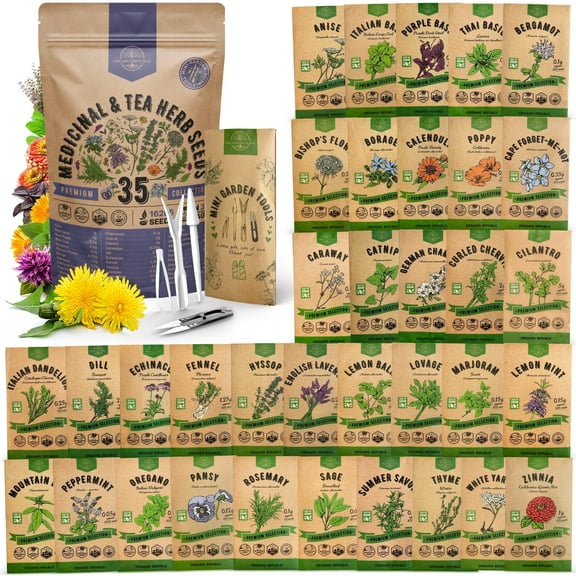 35 Medicinal & Tea Herb Seeds Variety Pack for Indoor Outdoors 16,335+ Non-GMO Heirloom Garden Seeds