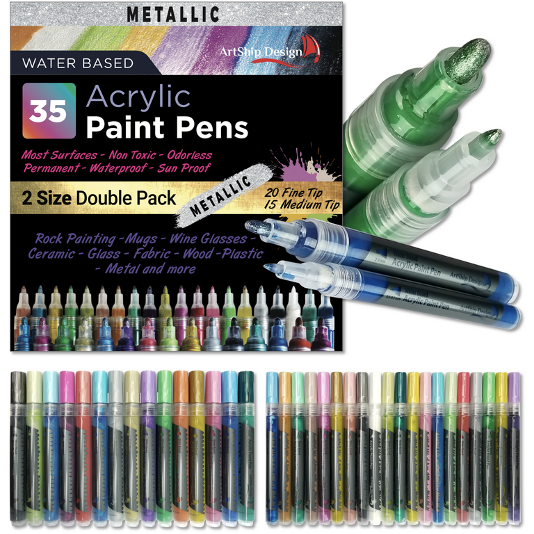 35 Metallic Acrylic Paint Pens, Double Pack of Both Extra Fine & Medium Tip  Paint Markers by ArtShip Design