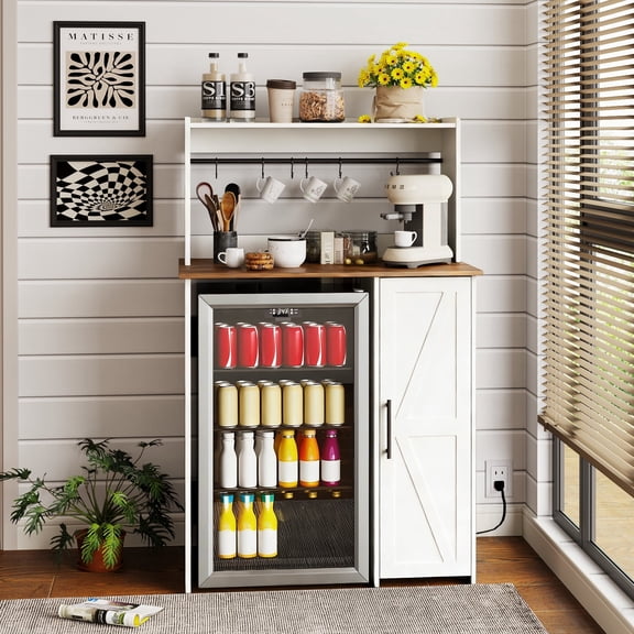 Pusnapku 35" Mini Fridge Cabinet, Wood Coffee Station with Adjustable Shelf and Power Outlet, Microwave Oven Stand with Hooks, for Living Room,Kitchen