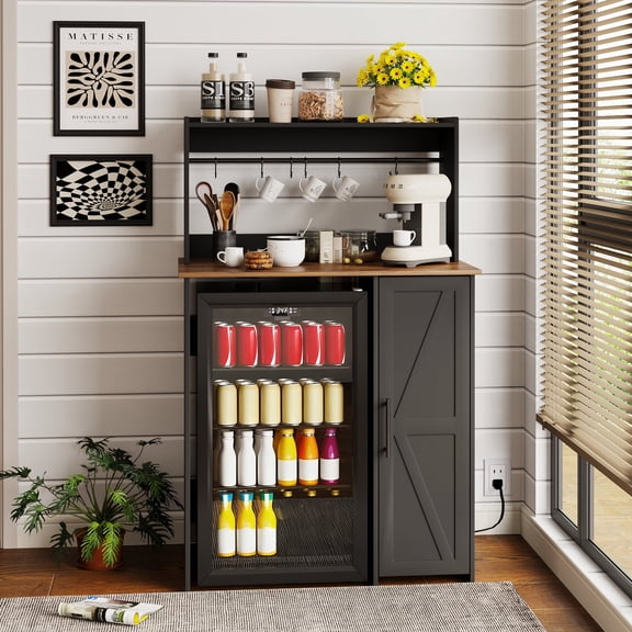 Pusnapku 35" Mini Fridge Cabinet, Wood Coffee Station with Adjustable Shelf and Power Outlet, Microwave Oven Stand with Hooks, for Living Room,Kitchen