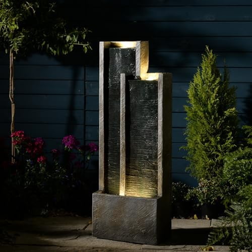 35" Modern Outdoor Water Fountain Garden Faux Slate Waterfall Feature with Lights Floor-Standing Garden Fountain for Patio, Porch, Backyard, Contemporary Home Decor Indoor Water Feature