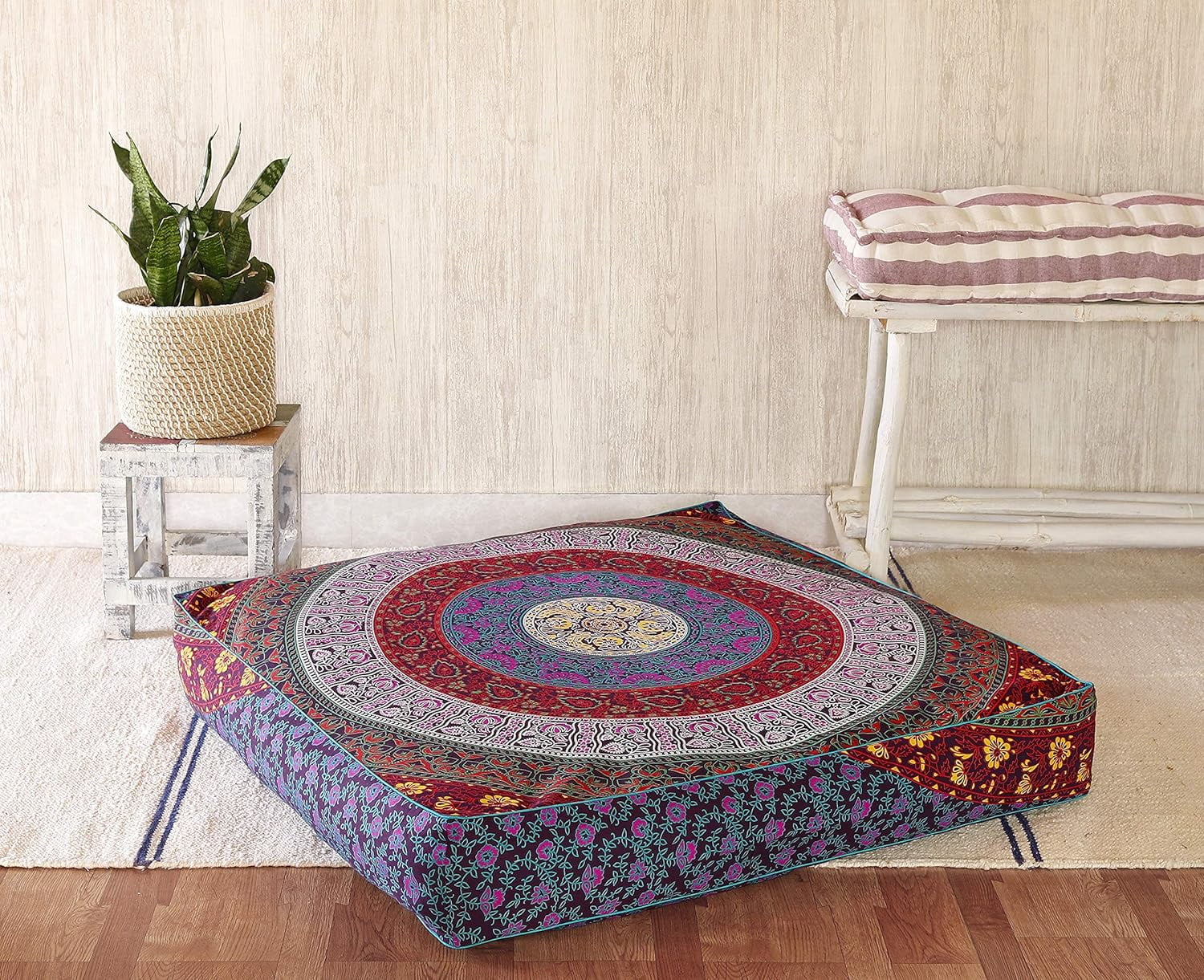 Square Mandala Floor Pillow Cover - 32x32 Inch Hippie Peacock Design, Cotton Zipper Cover For Ottomans & Dog Beds