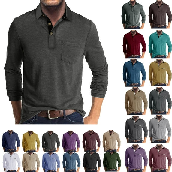 Men's Tops Long Sleeve Shirts Pocket Casual Solid Cotton Blend Drop Cut Collared Shirts,Fashion Shirts Long Sleeve Button Cotton T-Shirt with Pocket,Gray,M