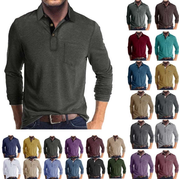 Men's Tops Long Sleeve Shirts Pocket Casual Solid Cotton Blend Drop Cut Collared Shirts,Fashion Shirts Long Sleeve Button Cotton T-Shirt with Pocket,Gray,M