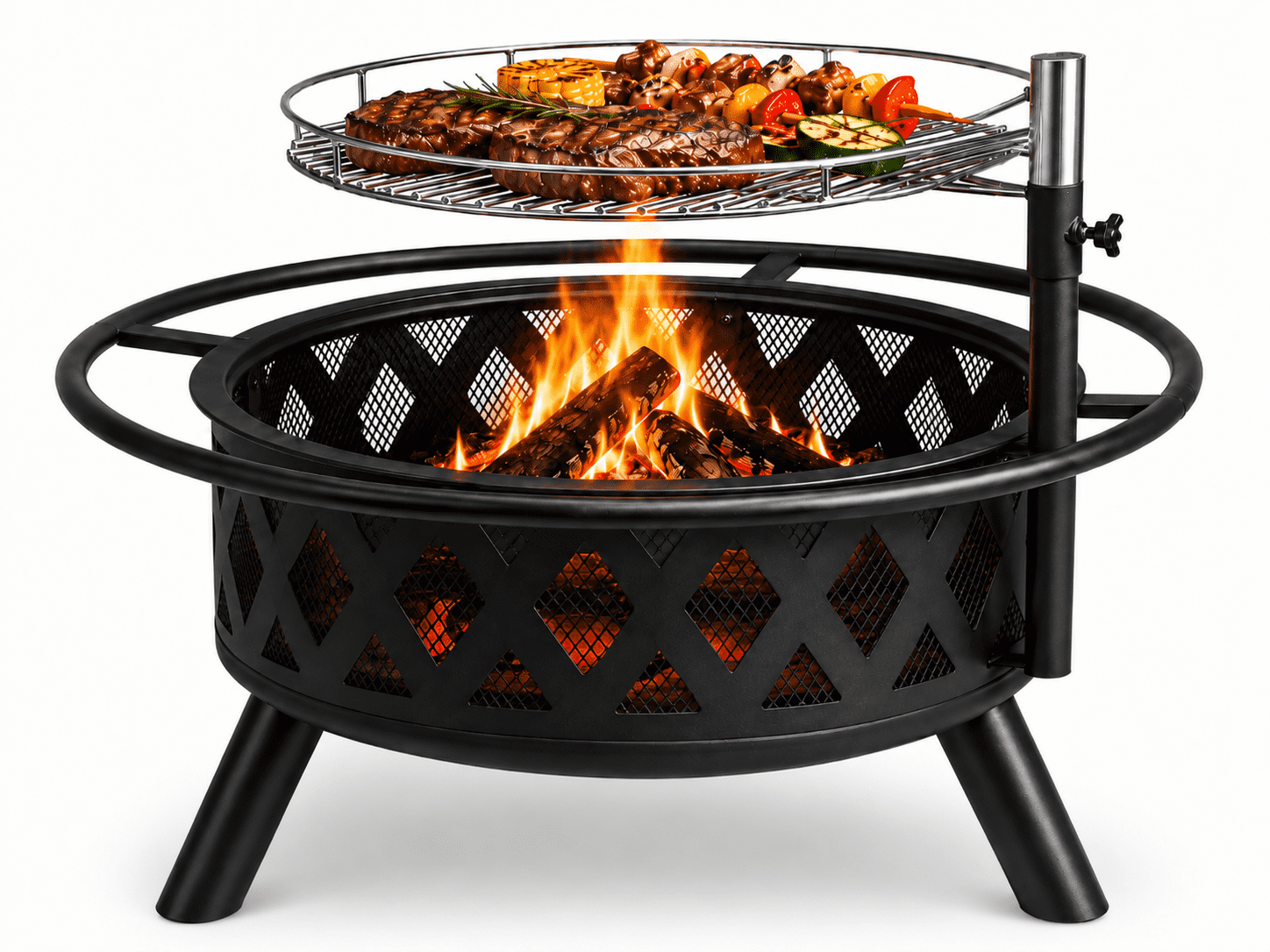 Seizeen Fire Pit with Grill, Metal Fire Pit for Outside Hollow-out Design, Wood Burning Outdoor Fireplace with Poker for Backyard Patio Garden, 30"