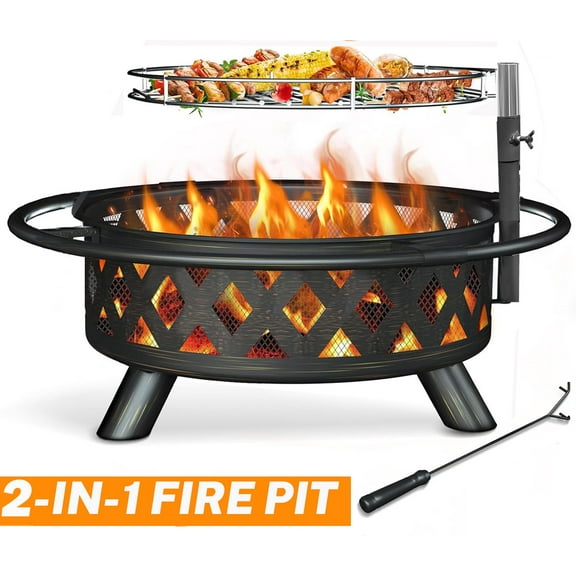 Seizeen Fire Pit with Grill, Metal Fire Pit for Outside Hollow-out Design, Wood Burning Outdoor Fireplace with Poker for Backyard Patio Garden, 30"