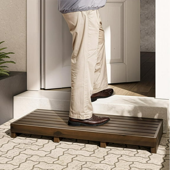 35" One Step Stool (Walnut Acacia Wood) - 550Lbs Capacity, Non-Slip Pads, Mobility Stepping Stool for Elderly