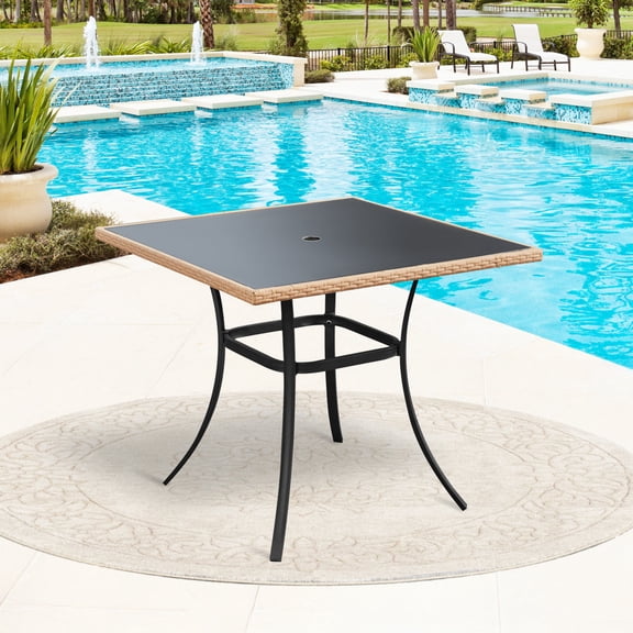 35'' Outdoor Dining Table for 4 People, Square Wicker Patio Side Table with Tempered Glass Tabletop & Durable Iron Frame, All-Weather for Patio, Balcony, Poolside, Black