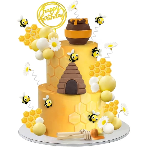 35 PCS Bee Cake Toppers Honey Jar Cake Topper Honeycomb Cake Decorations for Baby Shower Bee Theme Birthday Party Decoration Supplies