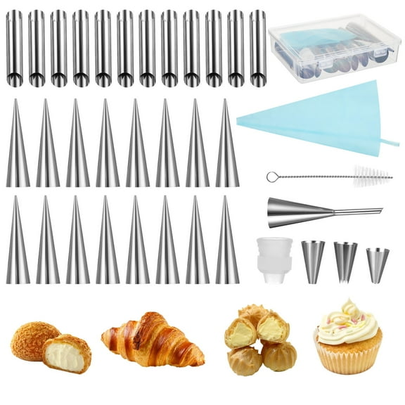 35 PCS Cannoli Forms Tubes Kit, Stainless Steel Croissant Molds, Cream Horn Cones, Versatile Danish Pastry Baking Tools, Home & Professional Dessert Making Set, Silicone Piping Bag, Cleaning Brush