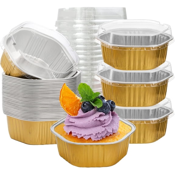 35 Pack 13 Oz Aluminum Foil Baking Cups with Lids, Disposable Hexagon Aluminum Foil Ramekins Cupcake Baking Pans Muffin Liners Cups Brownie Pudding Desserts Holders