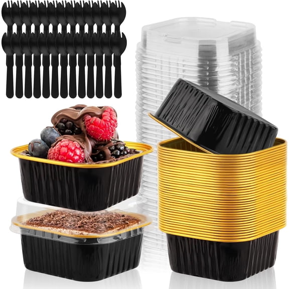 35 Pack 5 OZ Square Mini Baking Pans with , 3.5x3.5 Inch Mini Cake Tins,  Foil Baking Cups Disposable Cake Containers for Party, Wedding, Birthdays, Black and