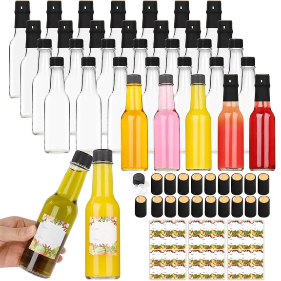 35 Pack 5oz Empty Glass Hot Sauce Bottles with Black Lids and Shrink Caps