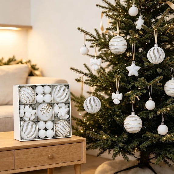 35‑Pack Christmas Ornaments Set, Christmas Tree Balls with Gold Glitter, Star and Bow Hanging Decorations, Shatterproof Holiday Ornaments for Tree, Wreath and Home Decor(Assorted, White)