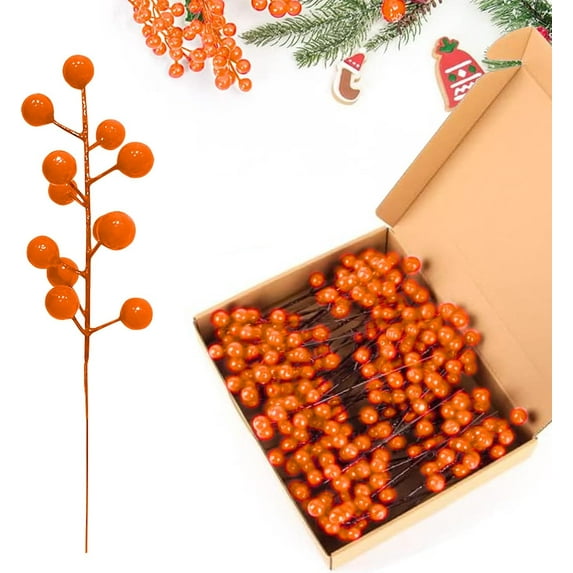 35 Pack Christmas Tree Decorations,Burgundy Orange Berry Picks Holly Berries Branches for Christmas Tree Decorations Crafts Wedding Holiday Season Winter Décor Home Decor (Orange)