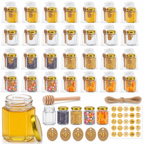 35 Pack Small Honey Jars For Party Favors In Bulk 4 Oz Minigon Glwith Dippers Lids Cute Stickers Bee Charms Gift Bags & Jute Showers Weddings Birthdays