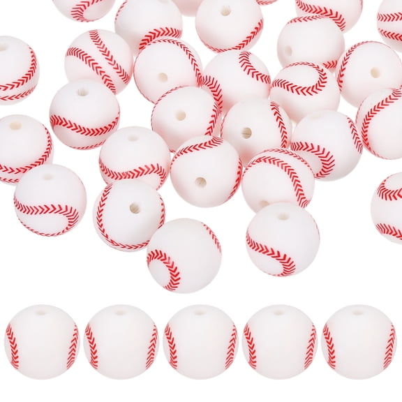 35-Pack Sports Ball Beads 15mm White Round Loose Rubber Baseball Beads for DIY Crafts/Bracelet/Necklace