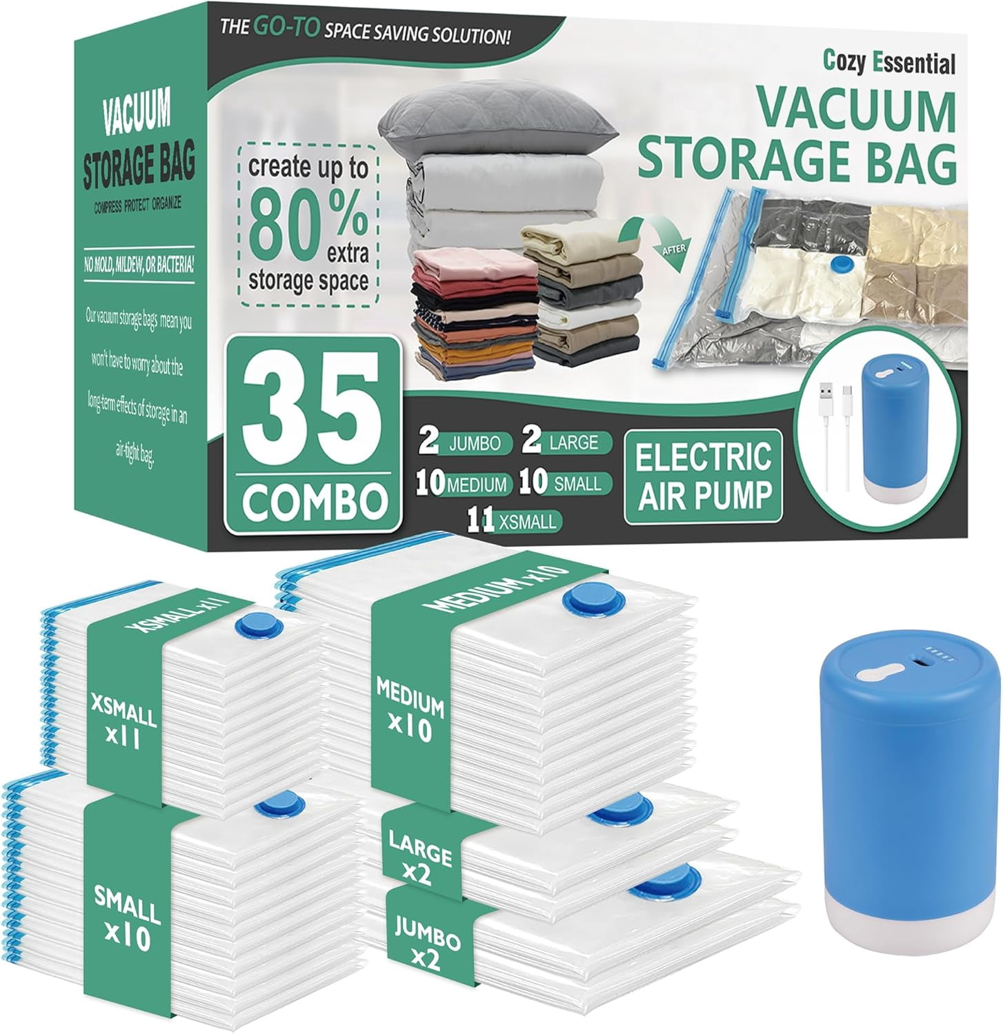 35 Pack Vacuum Storage Bags with Electric Pump, Vacuum Seal Space Saver ...