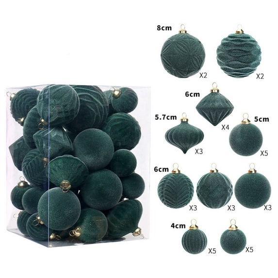 35-Pack Velvet Flocked Christmas Ornament Set, Shatterproof Mixed Size Hanging Decor for Xmas Tree, Home & Office Holiday Party Decoration (1.57-3.15 Inch) Green